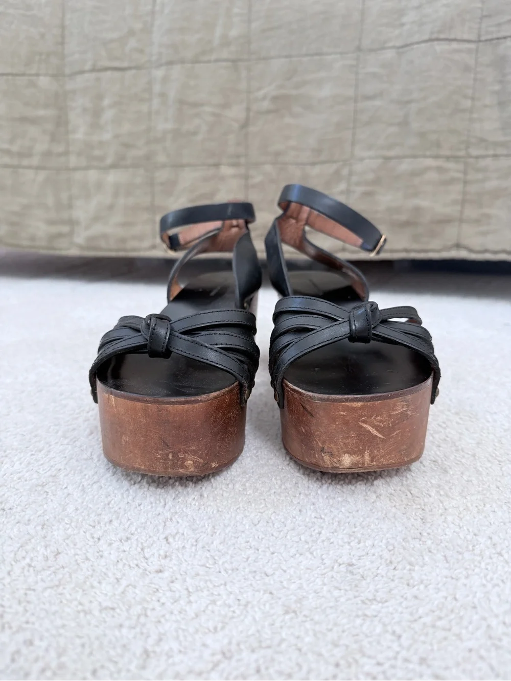 Black Leather Knotted Strap Wedge Sandals